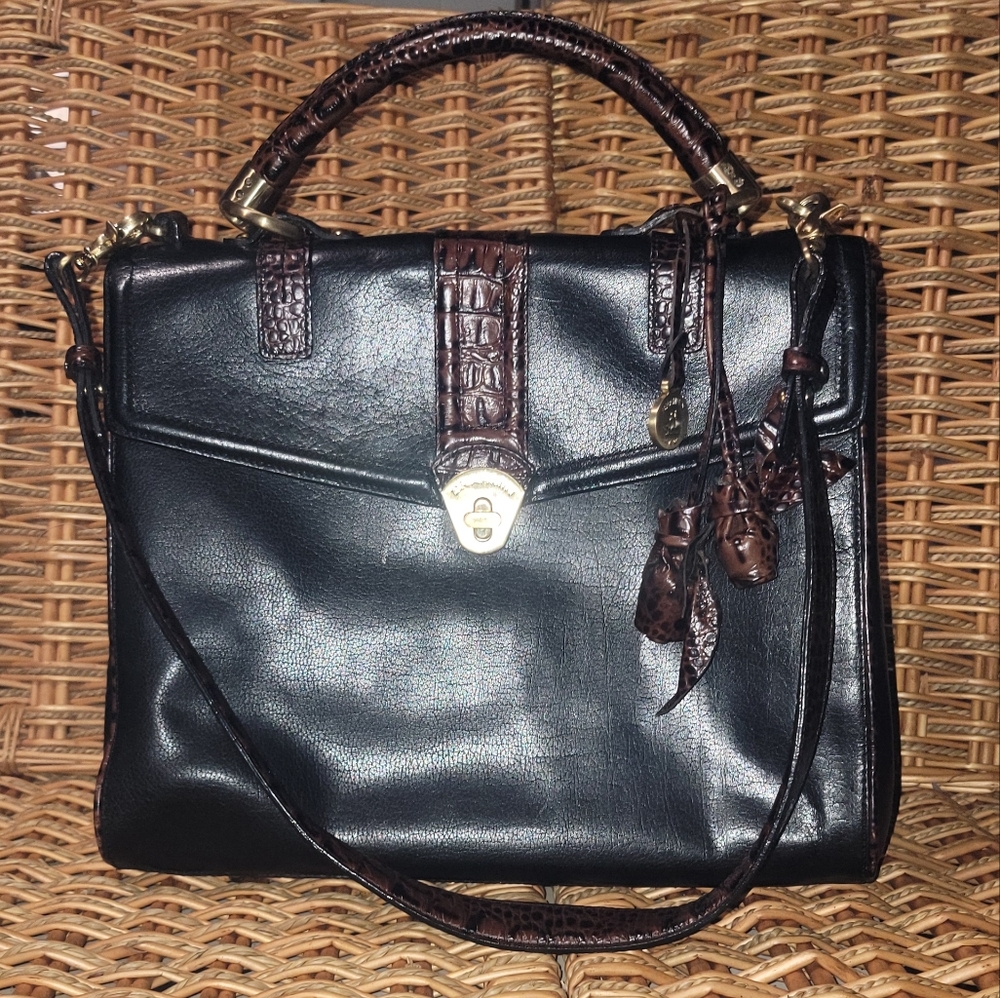 Brahmin Black Brown Large Leather Tuscan Satchel Hand Bag W/Shoulder Strap